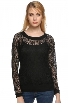 

FINEJO Black Women Leisure Hollow Out Lace Blouse O-Neck Long Sleeve Cover Up Outwear Tank Casual Tops, Multicolor