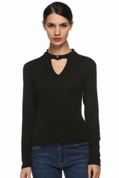 

Black Stylish Single Button Keyhole Long Sleeve Slim Casual Tops, Multicolor