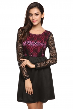 

Black FINEJO Women Casual O-Neck Long Sleeve Lace Patchwork Going Out Dresses, Multicolor