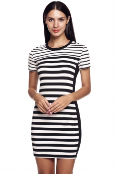 

Finejo Black&White Women Sexy O-Neck Short Sleeve Striped Bodycon Stretch Pencil Going Out Casual Dresses, Multicolor