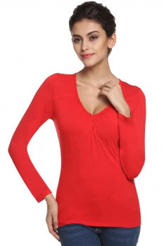 

Red ANGVNS Casual Women Soft V-neck Long Sleeve Thin Spring Autumn Bottoming & Blouses Tank Tops T-Shirts, Multicolor
