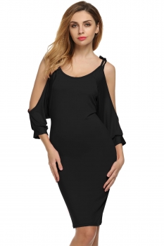 

Black Meaneor Women Sexy Cold Shoulder Lace Up Strap Batwing Sleeve Bodycon Stretch Solid Dress, Multicolor