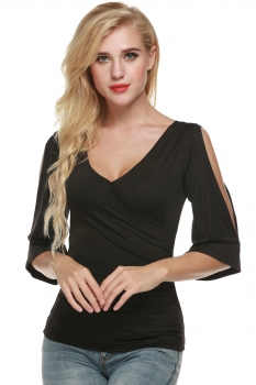 

Black V-neck Cold Shoulder Solid Slim Fit Faux Wrap Tops, Multicolor