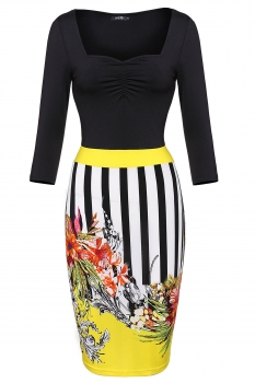 

Black Women 3"4 Sleeve Stitching Floral Slim Casual Bodycon Work Dress, Multicolor