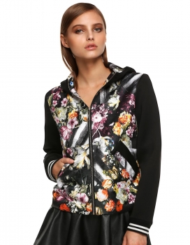 

Finejo Black Stylish Fashion Floral Patchwork Hooded Spring Autumn Coats & Jackets, Multicolor