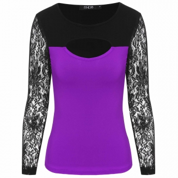 

Finejo Purple Fashion Women O-Neck Lace Long Sleeve Hollow Patchwork Slim Shirts & Blouses Tank Casual Tops, Multicolor