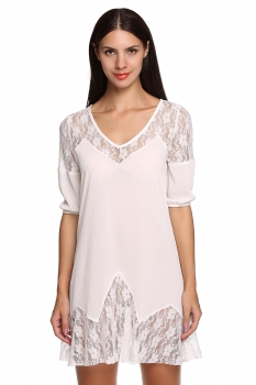 

FINEJO White V-Neck Medium Sleeve Cover Up Beach Tunics, Multicolor