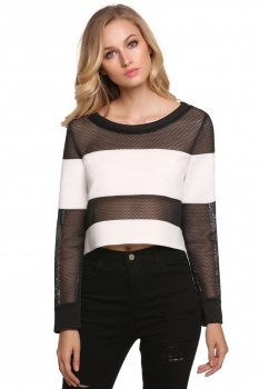 

FINEJO Black Women Ladies Neck Long Sleeve Mesh Patchwork Crop & Blouses Tank Tops T-Shirts, Multicolor