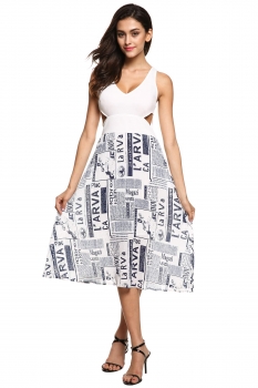 

Finejo White Fashion Women Sexy V Neck Sleeveless High Waist Backless Patchwork Letter Print Long Going Out Dresses, Multicolor
