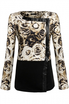 

Brown Finejo Women Lady Long Sleeve Floral Patchwork Zipper Outerwear Coats & Jackets, Multicolor