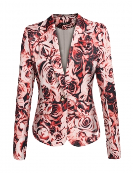 

Red Single Button Lapel Slim Padded Shoulder Floral Blazer, Multicolor
