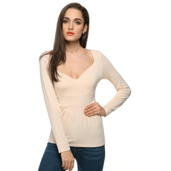 

Finejo Apricot Women Fashion Sexy Lady Long Sleeve V Neck Casual Slim Tank Tops & Blouses T-Shirts, Multicolor