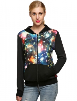 

Blue Hooded Long Sleeve Print Patchwork Zipper Pockets Sports Hoodie, Multicolor