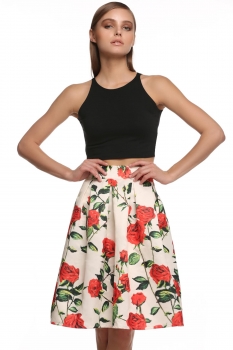 

FINEJO Apricot Fashion Women Ladies Rose Floral Pattern Middel Style Skirts, Multicolor