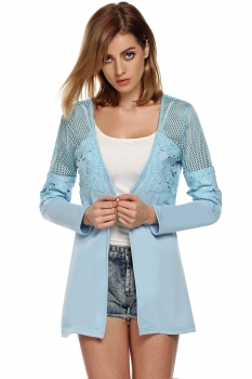 

Blue Floral Lace Splicing Open Front Long Sleeve Slim Coat, Multicolor