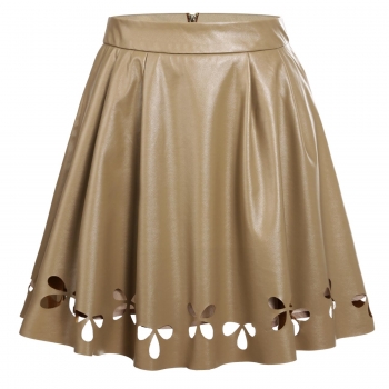 

Finejo Apricot Women PU Leather Zip Up Solid Hollow Hem Pleated Short Skirts, Multicolor