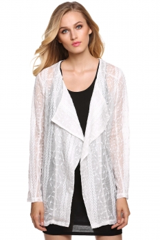 

Finejo White Women Fashion Loose Lapel Long Sleeve Sheer Embroidery Solid Outwear Tank Tops Coats Jackets Suits & Blazers, Multicolor