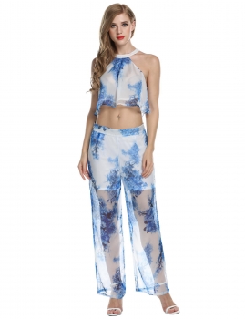 

Dark blue Floral O-Neck Sleeveless Loose Suit, Multicolor