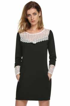 

Finejo Black Stylish Women Leisure Lace Patchwork Pockets Long Sleeve Loose Mini Casual Dresses, Multicolor