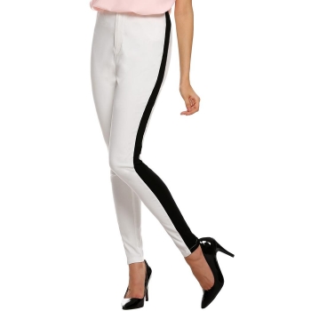 

White Finejo Women Lady Black Patchwork Casual Long Trousers Pants, Multicolor