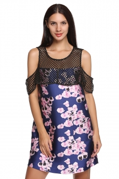 

Purple FINEJO Women O-Neck Off the Shoulder Hollow Sexy Print Mini Going Out Dresses, Multicolor
