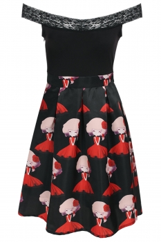 

Finejo Black Fashion Ladies Women Sweet Off the Shoulder Girl Print Casual Dresses, Multicolor