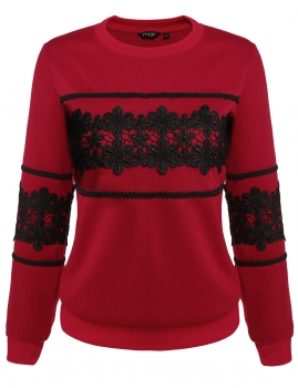 

Red Casual O-neck Lace Patchwork Pullover Sweatshirt, Multicolor
