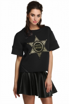 

Black O-Neck Short Sleeve Star Applique Back Zipper Sweatshirt, Multicolor