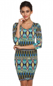 

FINEJO Green Women 3"4 Sleeve Geometric Pattern Package Hip Casual Dresses, Multicolor