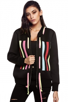 

Finejo Black Stylish Ladies Cool Colorful Vertical Stripe Hoodie String Long Sleeve Zipper Top Coats & Jackets, Multicolor