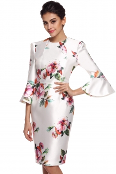 

Finejo White Elegant Ladies O-neck 3"4 Flare Sleeve Floral Slim Bodycon Slit Knee Length Casual Dresses, Multicolor