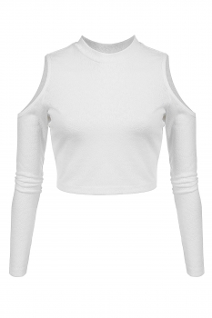 

White Finejo Stylish Women Casual Short Top Sexy Long Cold Shoulder Sleeve Slim Solid Blouse, Multicolor