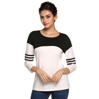 

Meaneor Black Women Fashion Casual Round Neck 3"4 Sleeve Patchwork Contrast Color Stretch Loose & Blouses Tank Tops T-Shirts, Multicolor