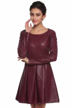 

Finejo Wine red Cool Women Synthetic Leather Slim O-Neck Long Sleeve Pleated Casual Dresses, Multicolor