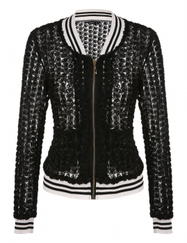 

Black Finejo Women Fashion Long Raglan Sleeve Sheer Floral Zip Up Varsity Baseball With Pockets Coats & Jackets, Multicolor