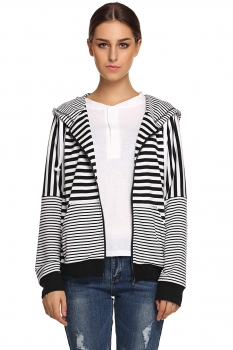 

Black&White Striped Hoodie Long Sleeve Loose Casual Pullover Hoodies, Multicolor