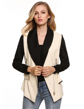 

White Finejo Women Fashion Shawl Collar Zip-up Slim Fit Patchwork PU Leather With Belt Coats & Jackets, Multicolor