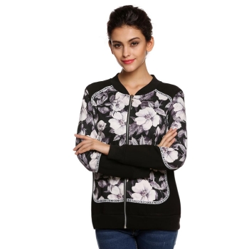 

Black Finejo Cool Stylish Ladies Women Floral Patchwork Full Zipper Spring Autumn Jacket Shirts & Blouses, Multicolor