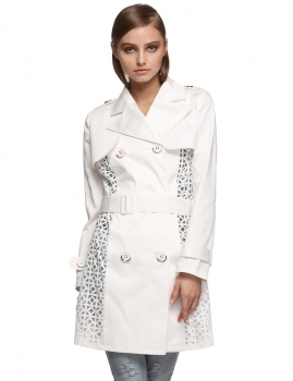 

FINEJO White Women Outwear Patchwork Elegant Long Trench with Belt Coats & Jackets, Multicolor