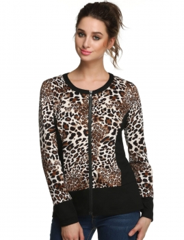 

FINEJO Coffee Women Zipper Leopard Splicing Long Sleeve Slim Casual Outwear Top Coats & Jackets, Multicolor