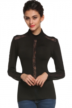 

Black Long Sleeve Lace Patchwork Slim Fit Pullover Tops, Multicolor