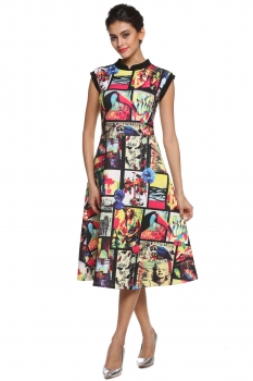 

Floral Sleeveless Slim A-Line Flare Casual Dress, Multicolor