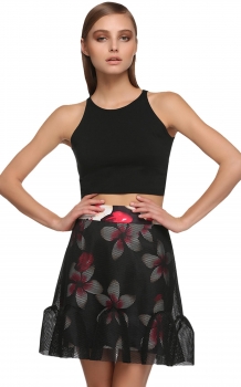 

Black FINEJO Women Ladies Floral Printing Mesh Patchwork Skirts, Multicolor