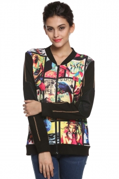 

Black FINEJO Women Casual O-Neck Long Sleeve Print Patchwork Coats & Jackets, Multicolor