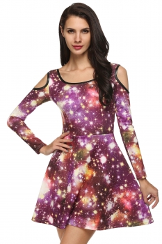 

FINEJO Purple Stylish Girls Ladies Stars Print Off the Shoulder Long Sleeve Mini Casual Dresses, Multicolor