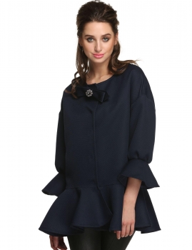 

Navy blue O-Neck Lotus Sleeve Lotus Hem Jacquard Fabric Cocoon Shaped Loose Coat, Multicolor