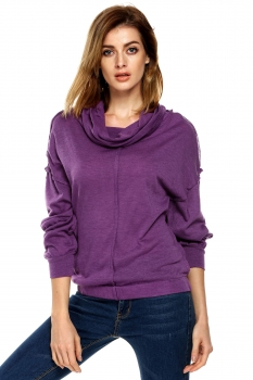 

Finejo Purple Casual Long Sleeve High Neck Loose Fitting Elastic Hem Solid Hoodies & Sweatshirts, Multicolor