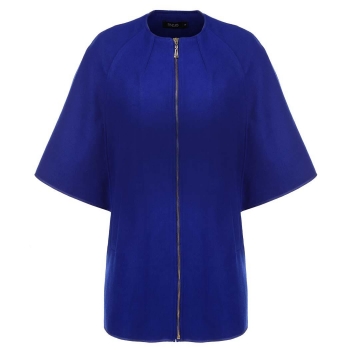 

Blue Finejo Women Fashion Wool Blend Round Neck 3"4 Batwing Sleeve Solid Zip Up Long Coats & Jackets, Multicolor