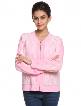 

Pink Finejo Women Fashion Long Raglan Sleeve Floral Lace Patchwork Zip Up Varsity Baseball Coats & Jackets, Multicolor