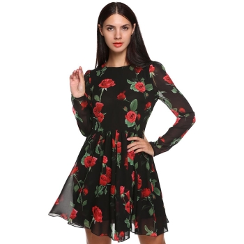 

Finejo Black Sweet Fashion Floral Long Sleeve Chiffon Casual Dresses, Multicolor
